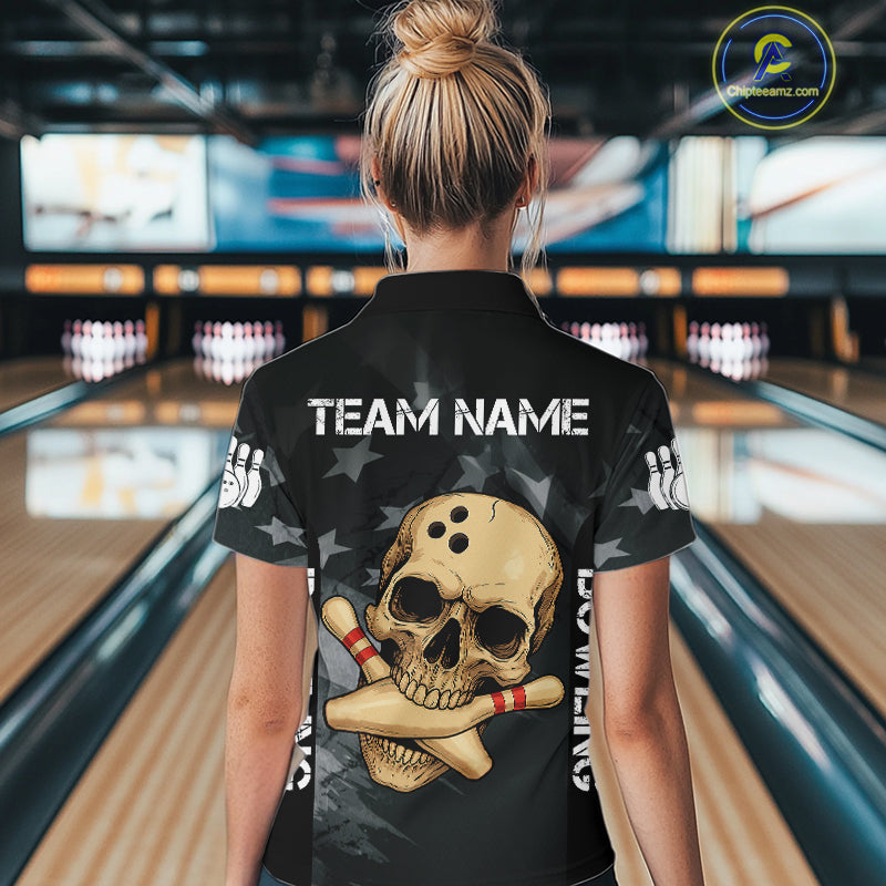 Personalized Black American Flag Skull Bowling Shirt For Women Custom Team's Name Skull Bowler Jersey NQS11082