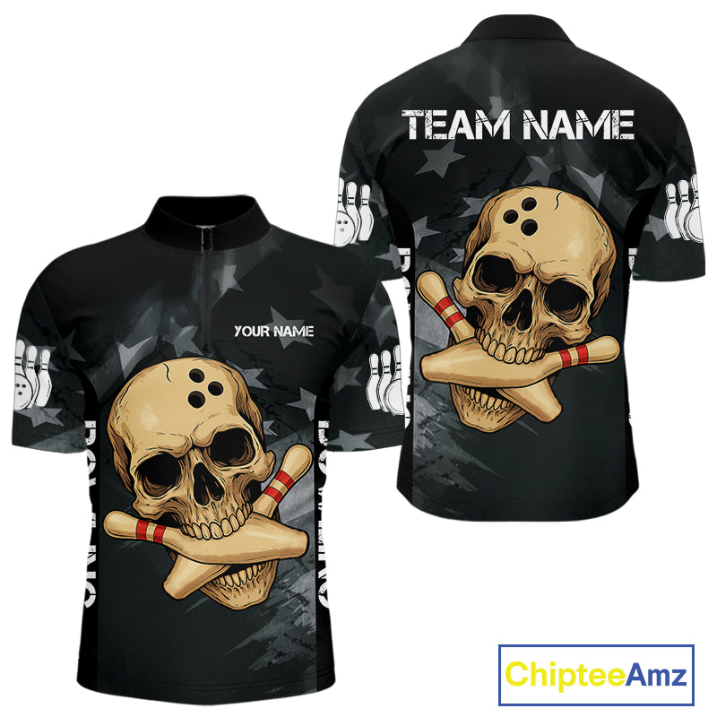 Personalized Black American Flag Skull Bowling Shirts For Men Custom Team's Name Skull Bowler Jerseys NQS11082
