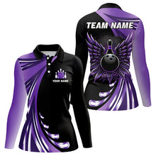 Load image into Gallery viewer, Black and Purple Bowling Ball and Pins wings Bowling Shirts for Women Custom Team Bowling Jerseys NQS9209