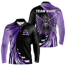 Load image into Gallery viewer, Black and Purple Bowling Ball and Pins wings Bowling Shirts for Men Custom Team Bowling Jerseys NQS9209