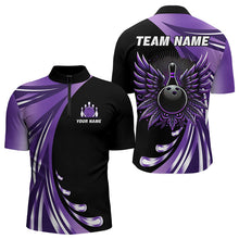 Load image into Gallery viewer, Black and Purple Bowling Ball and Pins wings Bowling Shirts for Men Custom Team Bowling Jerseys NQS9209