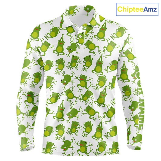 Funny Green Frog pattern Mens Golf polo shirts Custom golf attire for men, gift for golfers NQS11285