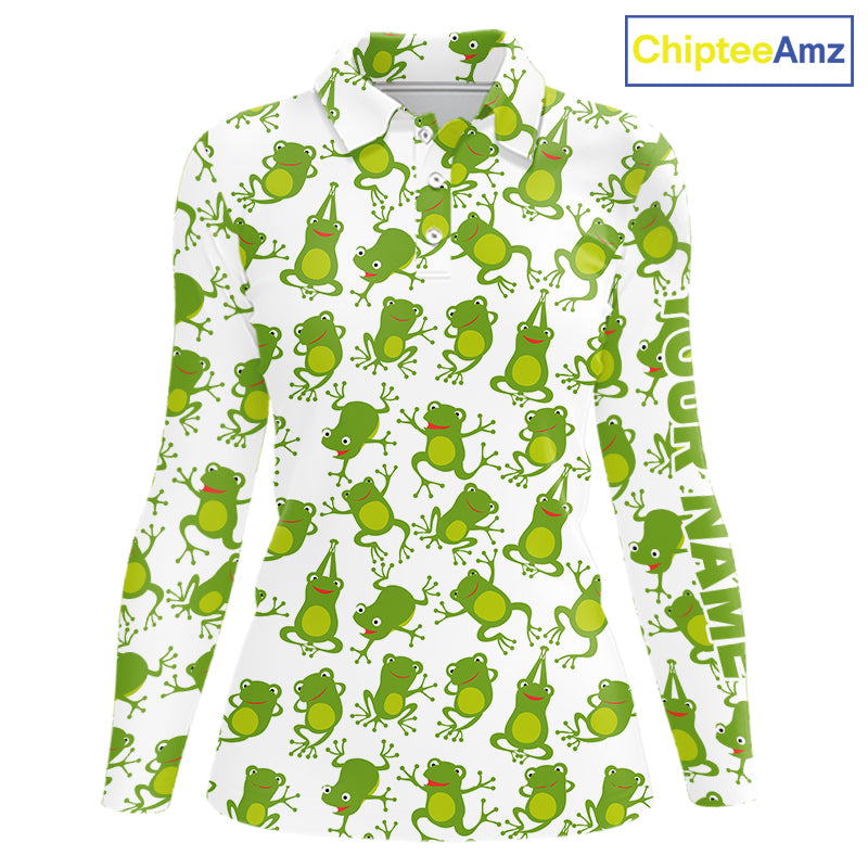 Funny Green Frog pattern Womens Golf polo shirts Custom golf attire for ladies, gift for golfers NQS11285