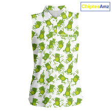 Load image into Gallery viewer, Funny Green Frog pattern Women Sleeveless polo shirt Custom golf attire for ladies, gift for golfers NQS11285