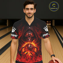 Load image into Gallery viewer, Black And Red Flame Skull Reaper hawaiian bowling shirts, Personalized button up bowling shirts NQS11491