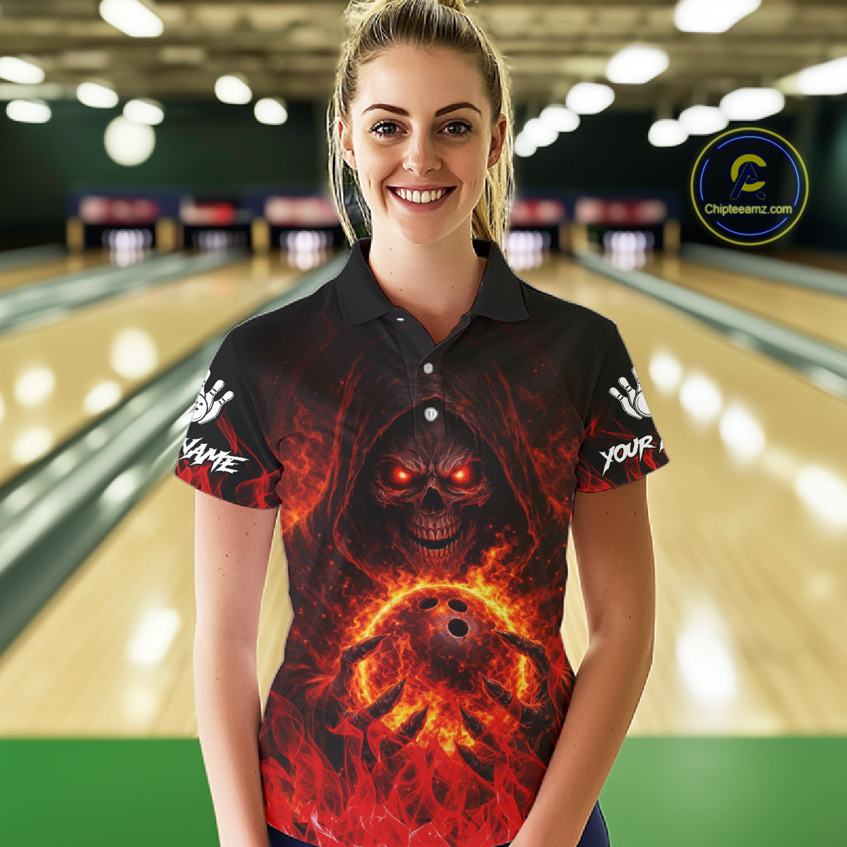 Black And Red Flame Skull Reaper Womens bowling shirt, Personalized Bowling Jerseys Women NQS11491