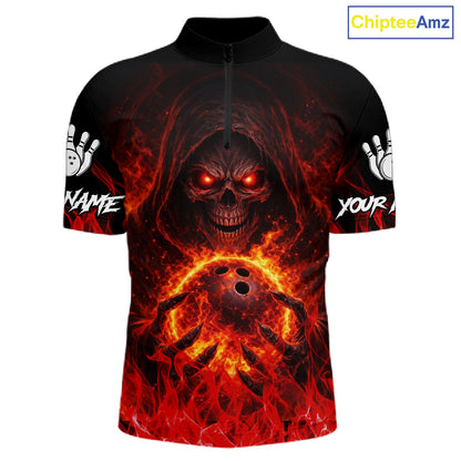 Black And Red Flame Skull Reaper Men's Bowling Shirts, Personalized bowling outfit men bowling jersey NQS11491