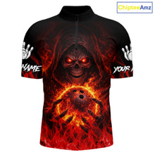 Load image into Gallery viewer, Black And Red Flame Skull Reaper Men's Bowling Shirts, Personalized bowling outfit men bowling jersey NQS11491