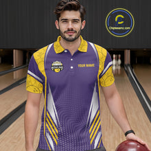 Load image into Gallery viewer, Purple And Yellow Custom bowling shirts for men, Personalized bowling outfit men team bowling jersey NQS11493