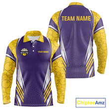 Load image into Gallery viewer, Purple And Yellow Custom bowling shirts for men, Personalized bowling outfit men team bowling jersey NQS11493