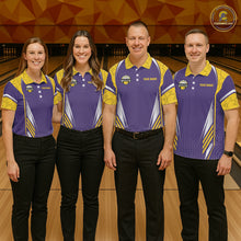 Load image into Gallery viewer, Purple And Yellow Custom bowling shirts for men, Personalized bowling outfit men team bowling jersey NQS11493