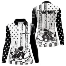 Load image into Gallery viewer, Personalized Black &amp; White American Flag Retro Bowling shirt for Women, Patriotic Bowling Team Jersey NQS9567