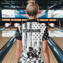 Load image into Gallery viewer, Personalized Black &amp; White American Flag Retro Bowling shirt for Women, Patriotic Bowling Team Jersey NQS9567