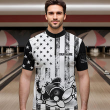Load image into Gallery viewer, Personalized Black and White American Flag Retro Bowling shirts for Men, Patriotic Bowling Team Jersey NQS9567