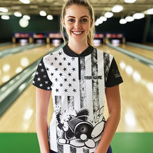 Load image into Gallery viewer, Personalized Black &amp; White American Flag Retro Bowling shirt for Women, Patriotic Bowling Team Jersey NQS9567