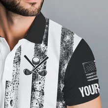 Load image into Gallery viewer, Personalized Black &amp; White American Flag Retro Men golf polo shirts Custom Patriotic golf top for men NQS9568