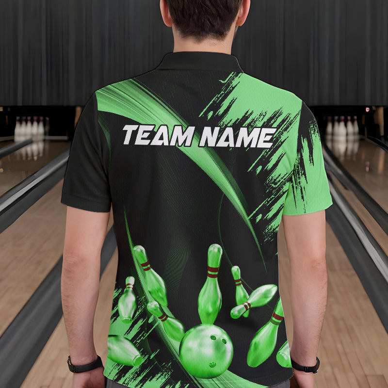 Personalized Black and Green Bowling Polo, Quarter Zip Shirts For Mens Custom Bowling Team Jersey NQS9724