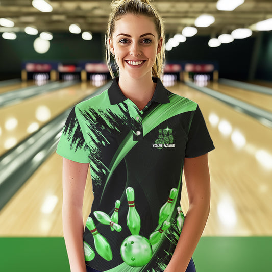 Personalized Black and Green Bowling Polo, Quarter Zip Shirts For Women Custom Bowling Team Jersey NQS9724