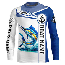 Load image into Gallery viewer, Blue and white Marlin fishing UV protection Customize name and boat name long sleeves fishing shirts NQS1842