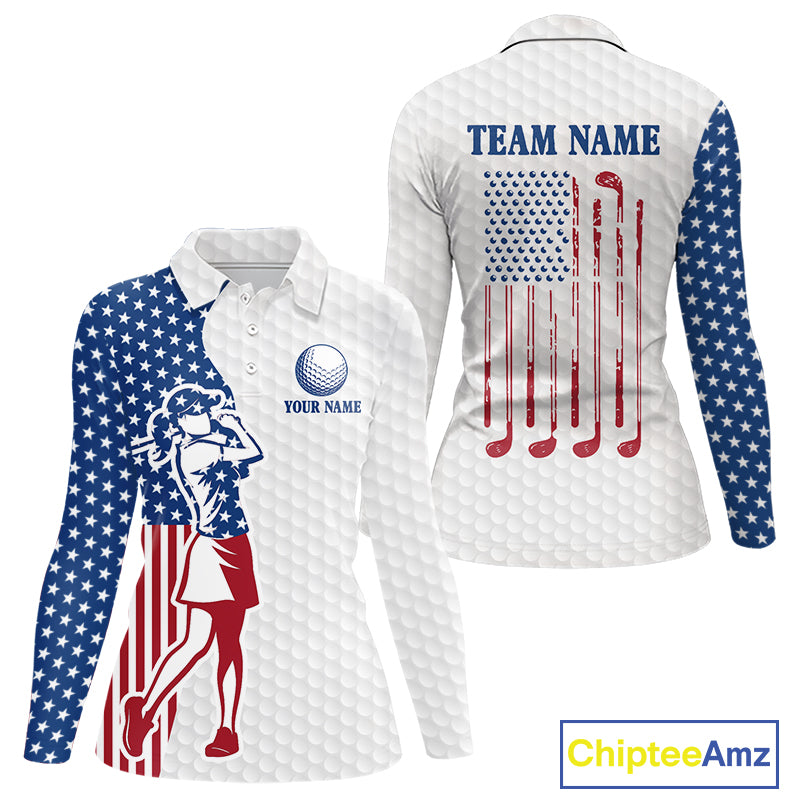 Red, White & Blue American Flag Golf polo shirts For Women Custom patriotic ladies golf top NQS9987