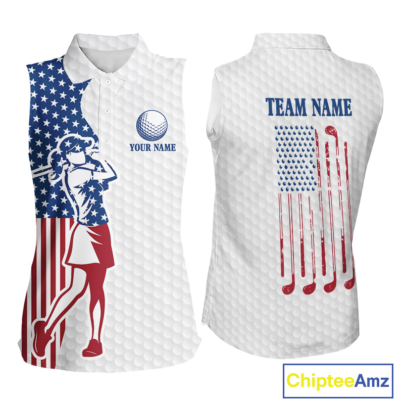 Red, White & Blue American Flag Golf sleeveless polo shirts For Women Custom patriotic ladies golf top NQS9987