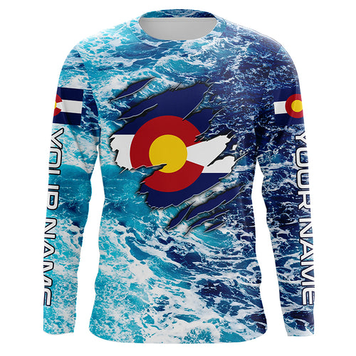 Blue sea wave ocean camo Colorado flag patriot shirt Custom sun protection fishing long sleeve shirts NQS5765