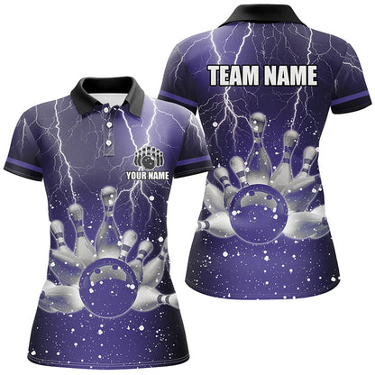 Purple lightning thunder Women Polo, 1/4 Zip Shirts Custom bowling team jerseys, gift for bowlers NQS7865