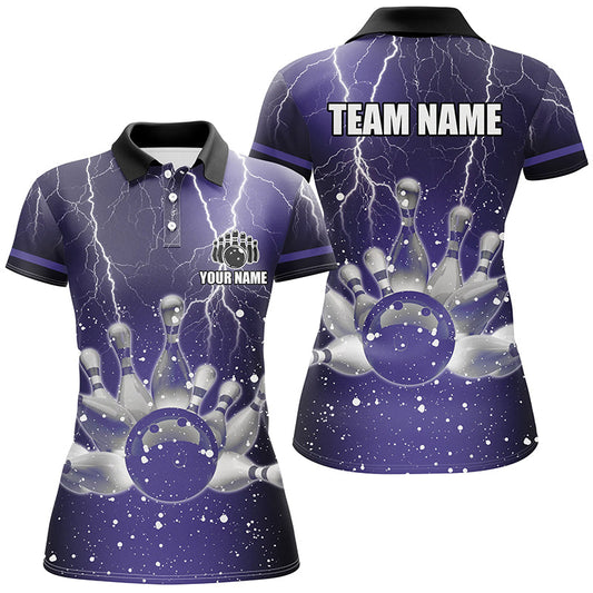 Purple lightning thunder Women Polo, 1/4 Zip Shirts Custom bowling team jerseys, gift for bowlers NQS7865