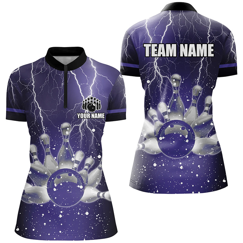 Purple lightning thunder Women Polo, 1/4 Zip Shirts Custom bowling team jerseys, gift for bowlers NQS7865