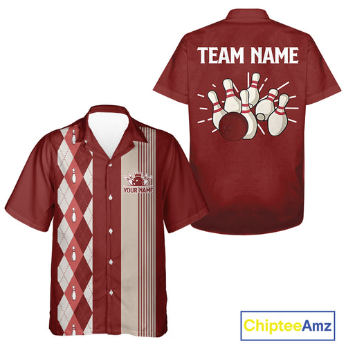 Retro Red argyle pattern Bowling Hawaiian shirt custom bowling team jerseys Bowler Outfits NQS10151