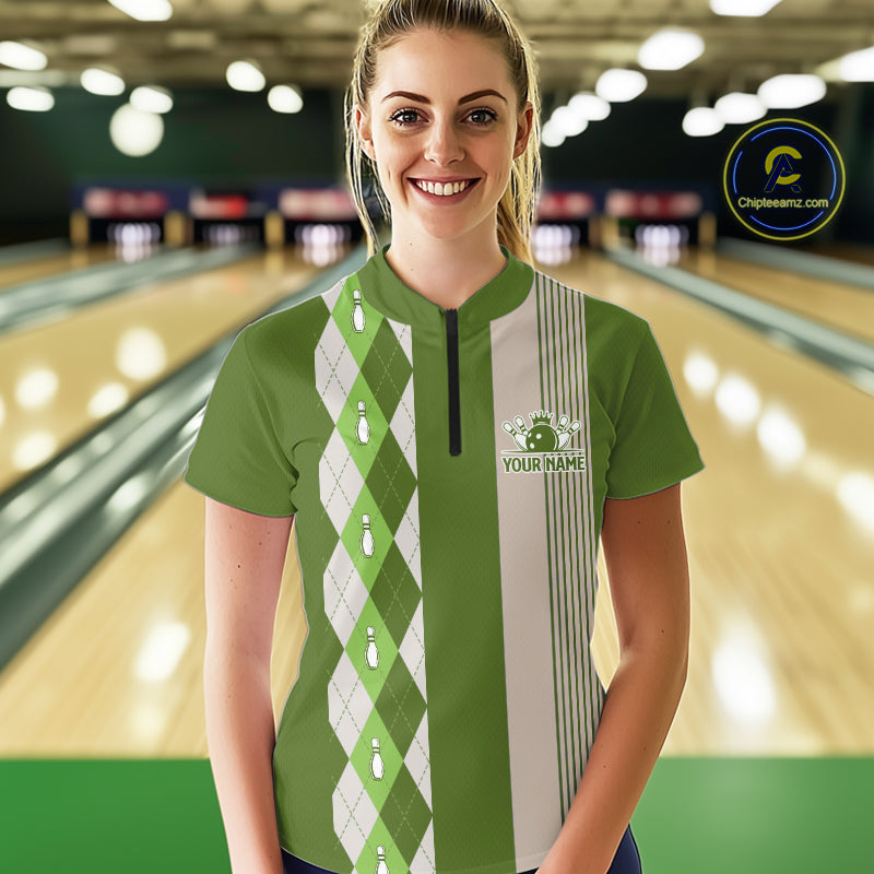 Retro Green argyle pattern Bowling shirts For Women custom bowling team jerseys Bowler Outfits NQS10152