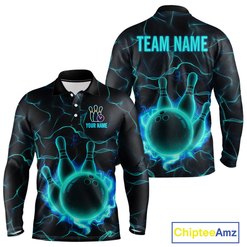 Cyan Blue Flame Bowling Polo, Quarter Zip shirts For Men custom bowling team jerseys Bowler Outfits NQS10153
