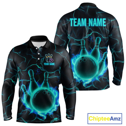 Cyan Blue Flame Bowling Polo, Quarter Zip shirts For Men custom bowling team jerseys Bowler Outfits NQS10153
