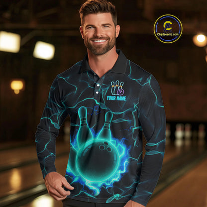 Cyan Blue Flame Bowling Polo, Quarter Zip shirts For Men custom bowling team jerseys Bowler Outfits NQS10153