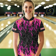 Load image into Gallery viewer, Black and Pink Flame camo Womens bowling shirts Custom Flame Bowling Shirt Team Bowling Jersey NQS8304