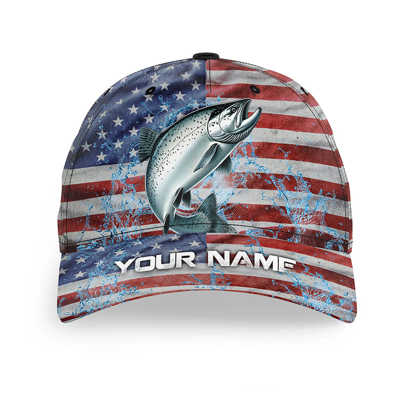 American flag patriot Chinook Salmon Fishing Baseball Angler Hat Cap, Personalized Salmon Fishing Gift NQS8298