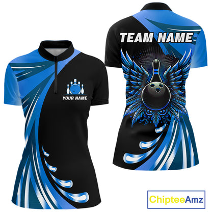 Black and Blue Bowling Ball and Pins wings Bowling Shirts for Women Custom Team Bowling Jerseys NQS10490