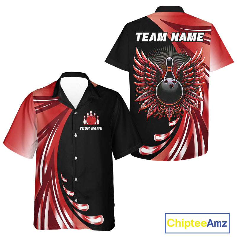 Black and Red Bowling Ball and Pins wings Bowling Hawaiian Shirt Custom Team Bowling Button Up Shirt NQS10491