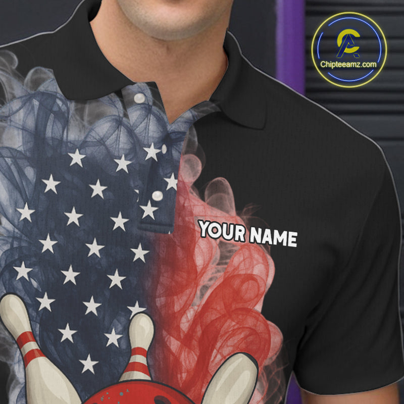 Custom Smoke American Flag Black Bowling Shirts for Men Personalized Patriotic Team Bowling Jerseys NQS10496
