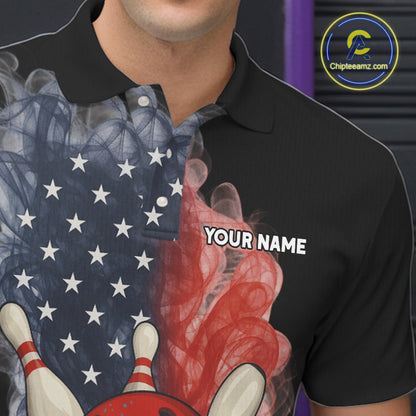 Custom Smoke American Flag Black Bowling Shirts for Men Personalized Patriotic Team Bowling Jerseys NQS10496