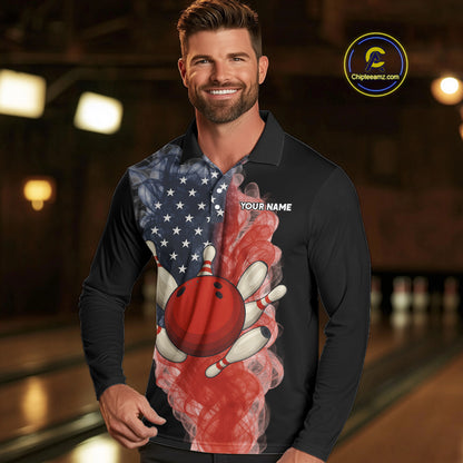 Custom Smoke American Flag Black Bowling Shirts for Men Personalized Patriotic Team Bowling Jerseys NQS10496