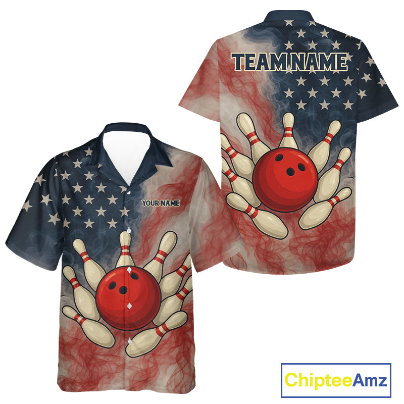 Personalized Smoke American Flag Bowling Hawaiian Shirt Custom Patriotic Team Bowling Outfits NQS10498