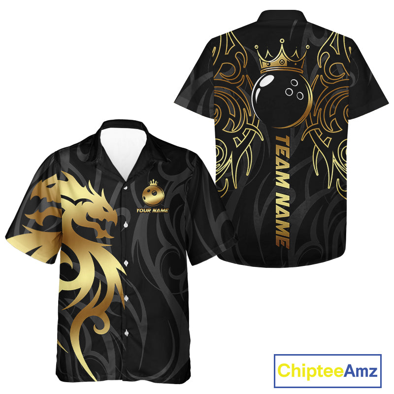Black and Gold Dragon tribal crown Bowling ball Hawaiian Shirt Custom Bowling Team League Jerseys NQS10903