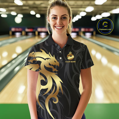 Black and Gold Dragon tribal crown Bowling ball Shirts for Women Custom Bowling Team League Jerseys NQS10903