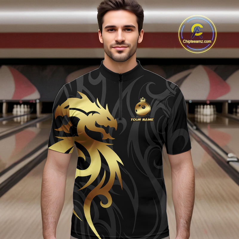 Black and Gold Dragon tribal crown Bowling ball Shirts for Men Custom Bowling Team League Jerseys NQS10903