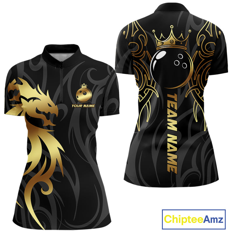 Black and Gold Dragon tribal crown Bowling ball Shirts for Women Custom Bowling Team League Jerseys NQS10903