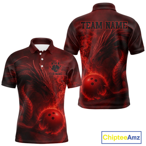 Red Flame Dragon Bowling Polo, 1/4 Zip Shirts For Men Custom Name Team Bowling League Jersey NQS11092