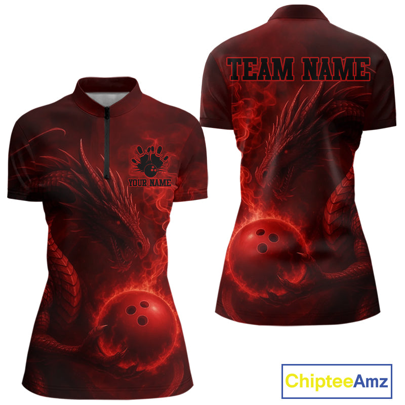Red Flame Dragon Bowling Polo, 1/4 Zip Shirts For Women Custom Name Team Bowling League Jersey NQS11092