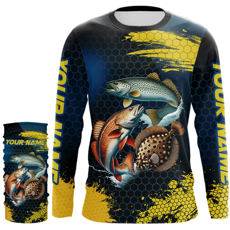 Blue and Yellow Camo Redfish, Speckled Trout, Flounder Texas slam fishing custom fishing jerseys NQS9219