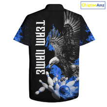 Load image into Gallery viewer, Custom Blue Flame Black Eagle Bowling Hawaiian Shirt, Team Bowling Button up Clothes NQS11501